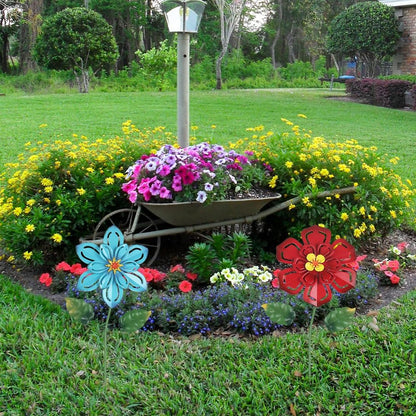 Metal Flower Decorative Garden Stakes, 2 Pack 22" Outdoor Garden Decor with Shaking Flower Head Yard Stakes, Yard Art Spring Decorations for Patio Lawn (Blue & Red)