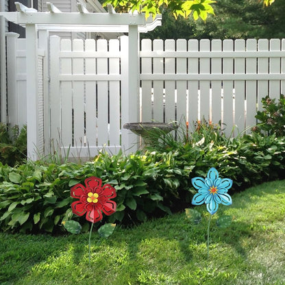 Metal Flower Decorative Garden Stakes, 2 Pack 22" Outdoor Garden Decor with Shaking Flower Head Yard Stakes, Yard Art Spring Decorations for Patio Lawn (Blue & Red)
