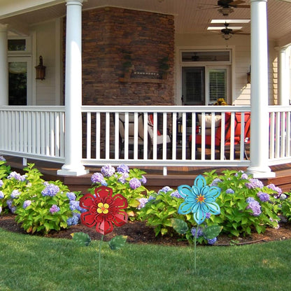 Metal Flower Decorative Garden Stakes, 2 Pack 22" Outdoor Garden Decor with Shaking Flower Head Yard Stakes, Yard Art Spring Decorations for Patio Lawn (Blue & Red)