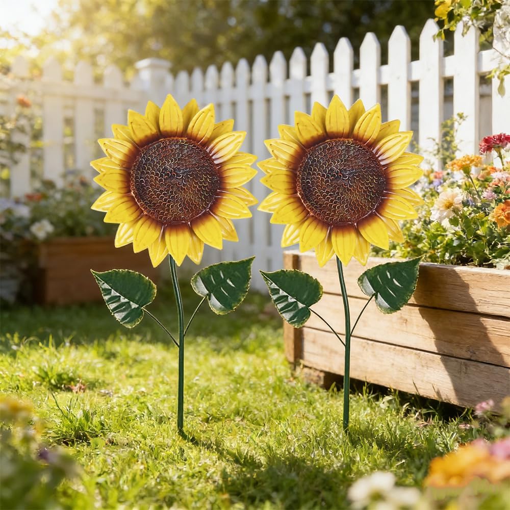 Metal Flower Decorative Garden Stakes, 2 Pack 22" Outdoor Garden Decor with Shaking Flower Head Yard Stakes, Yard Art Spring Decorations for Patio Lawn (Blue & Red)