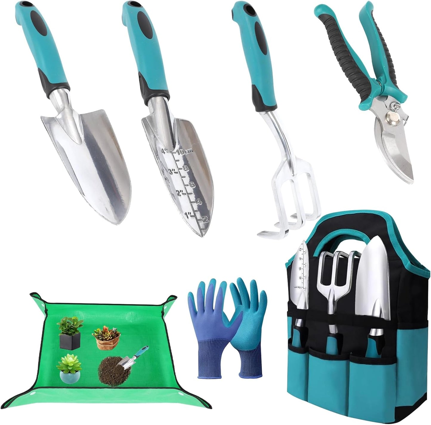 Garden Tools, Gardening Tool Set with Non-Slip Handles, Lightweight Aluminum Alloy Rust-Proof Gardening Hand Tools with Gloves Ideal Gardening Tools Gifts for Women and Men