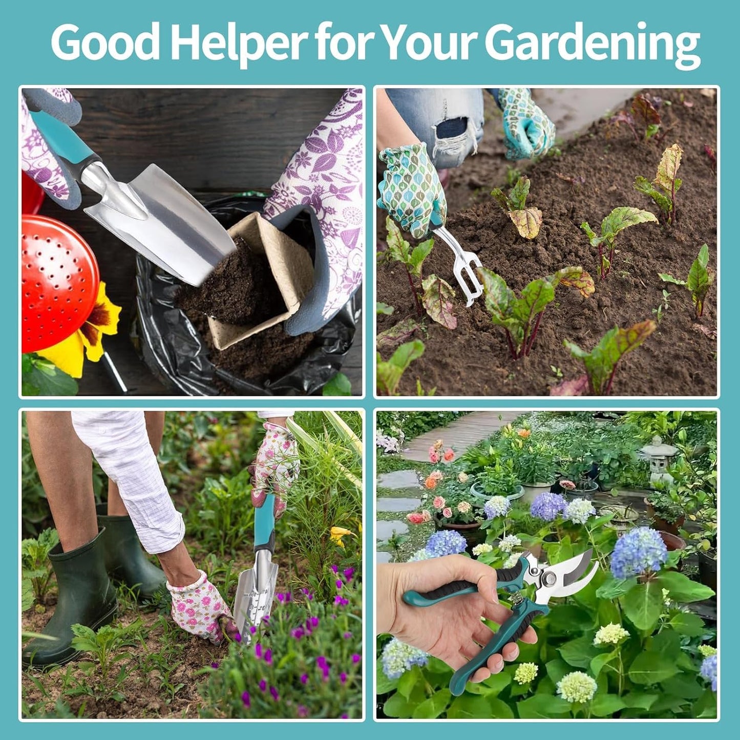 Garden Tools, Gardening Tool Set with Non-Slip Handles, Lightweight Aluminum Alloy Rust-Proof Gardening Hand Tools with Gloves Ideal Gardening Tools Gifts for Women and Men