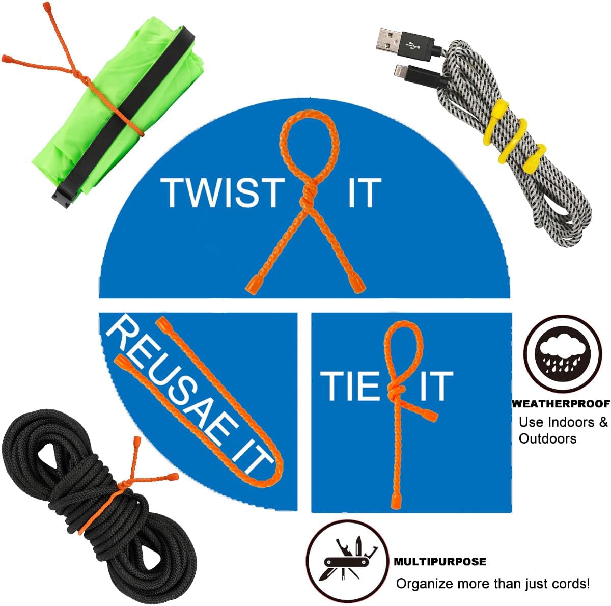 Original Reusable Silicone Twist Ties - 24in Black, Wire Wraps for Cords, Electronic & Fishing Rod Ties