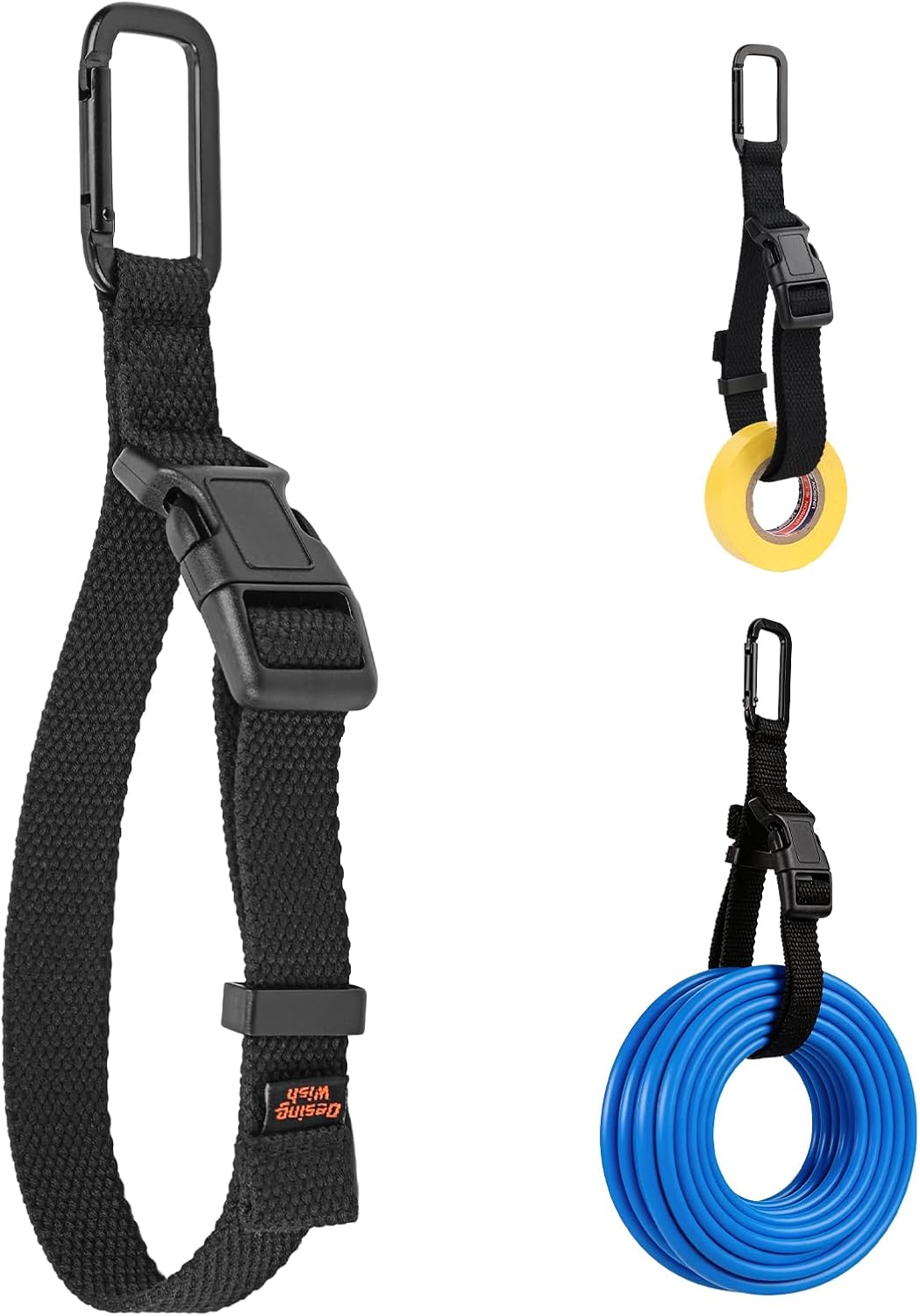 Electrical Tape Holder for Belt Loop Multifunctional Tape Thong with Carabiner Clip Hanging Storage Strap for Tape, Cables, Ropes, Hoses - Black