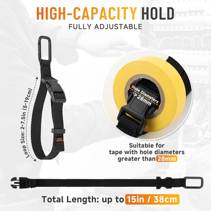Electrical Tape Holder for Belt Loop Multifunctional Tape Thong with Carabiner Clip Hanging Storage Strap for Tape, Cables, Ropes, Hoses - Black