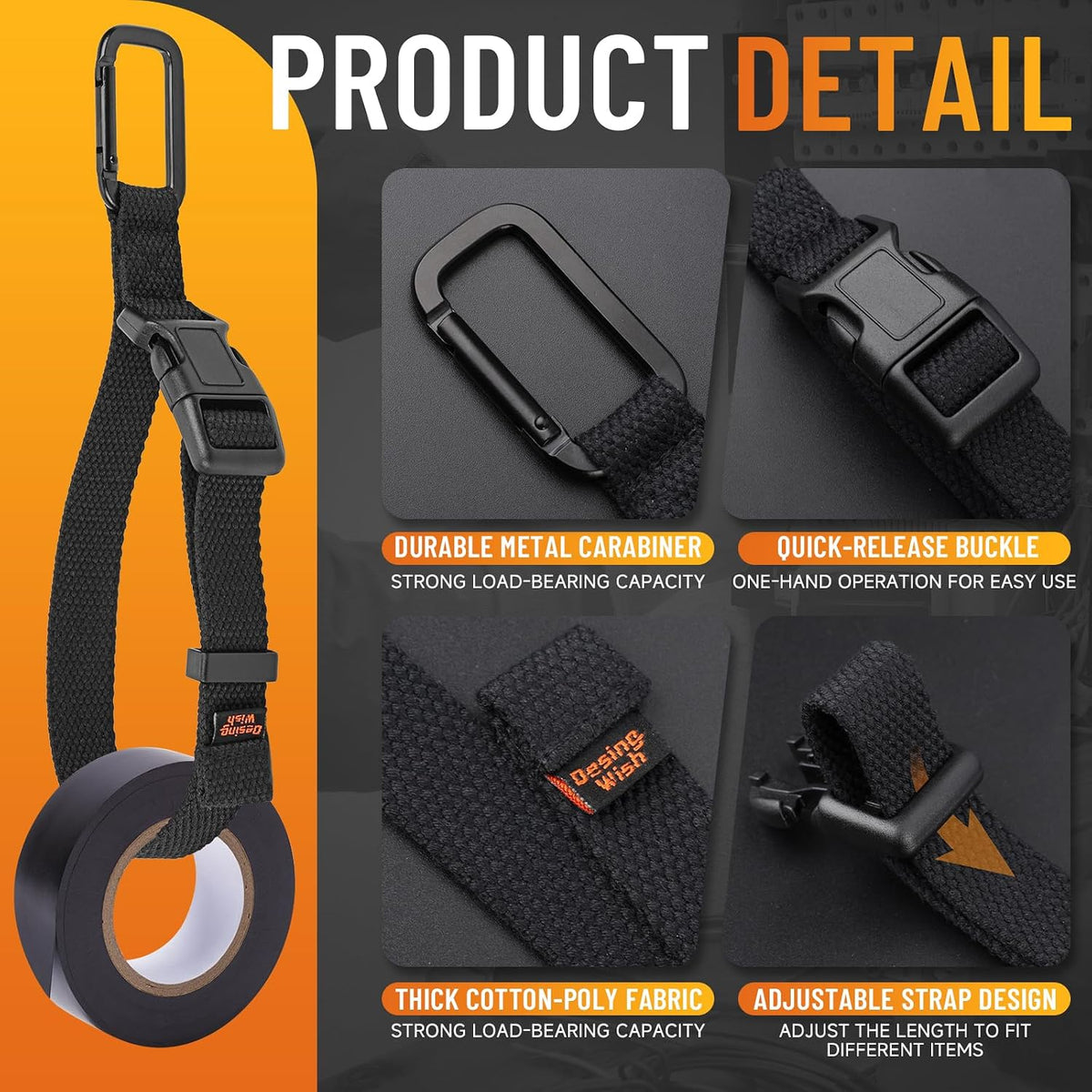 Electrical Tape Holder for Belt Loop Multifunctional Tape Thong with Carabiner Clip Hanging Storage Strap for Tape, Cables, Ropes, Hoses - Black