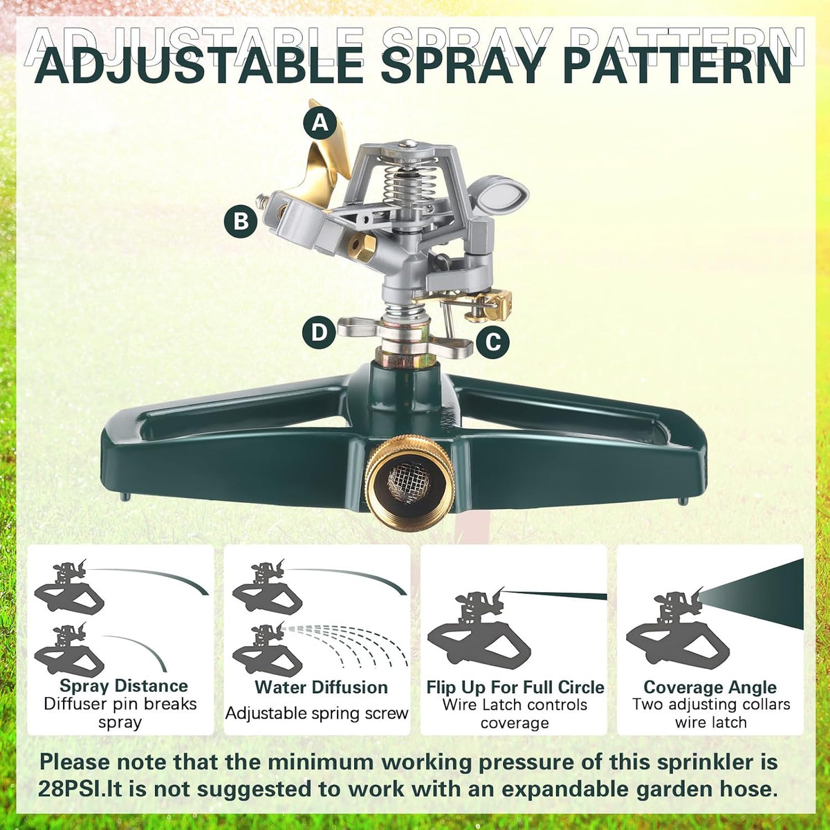 3 Sets Rotating 360 Degree Swivel Garden Sprinkler Pulsating Impact Sprinkler with Metal Base, Heavy Duty Adjustable Garden Hose Sprinklers System for Large Area Lawn Yard(Small Head)