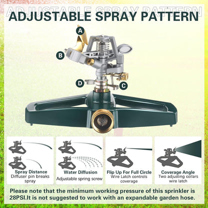 3 Sets Rotating 360 Degree Swivel Garden Sprinkler Pulsating Impact Sprinkler with Metal Base, Heavy Duty Adjustable Garden Hose Sprinklers System for Large Area Lawn Yard(Small Head)