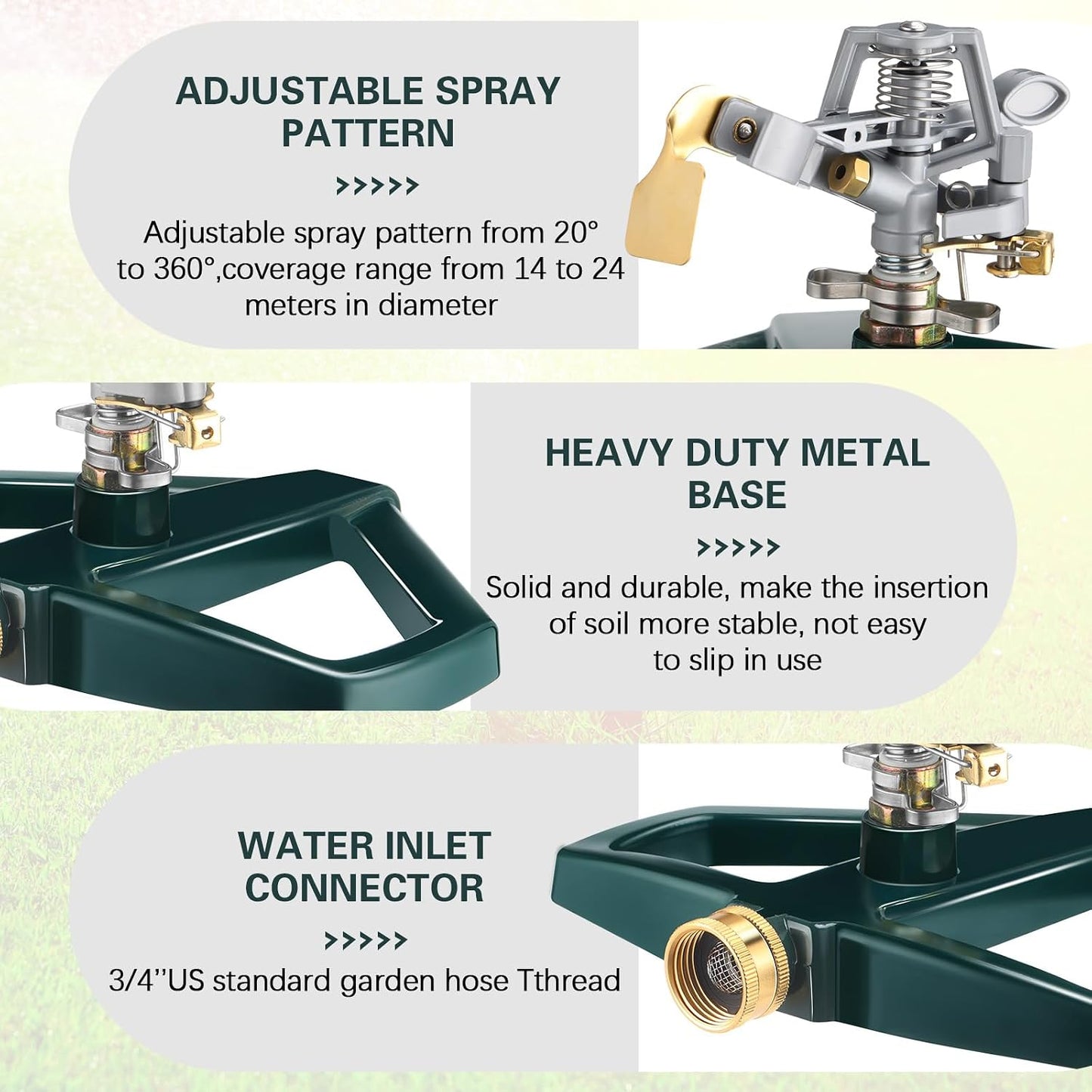 3 Sets Rotating 360 Degree Swivel Garden Sprinkler Pulsating Impact Sprinkler with Metal Base, Heavy Duty Adjustable Garden Hose Sprinklers System for Large Area Lawn Yard(Small Head)