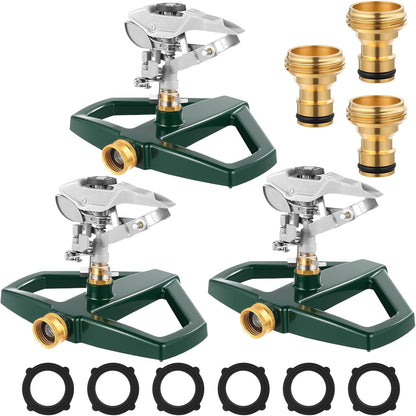3 Sets Rotating 360 Degree Swivel Garden Sprinkler Pulsating Impact Sprinkler with Metal Base, Heavy Duty Adjustable Garden Hose Sprinklers System for Large Area Lawn Yard(Small Head)