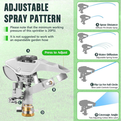 3 Sets Rotating 360 Degree Swivel Garden Sprinkler Pulsating Impact Sprinkler with Metal Base, Heavy Duty Adjustable Garden Hose Sprinklers System for Large Area Lawn Yard(Small Head)