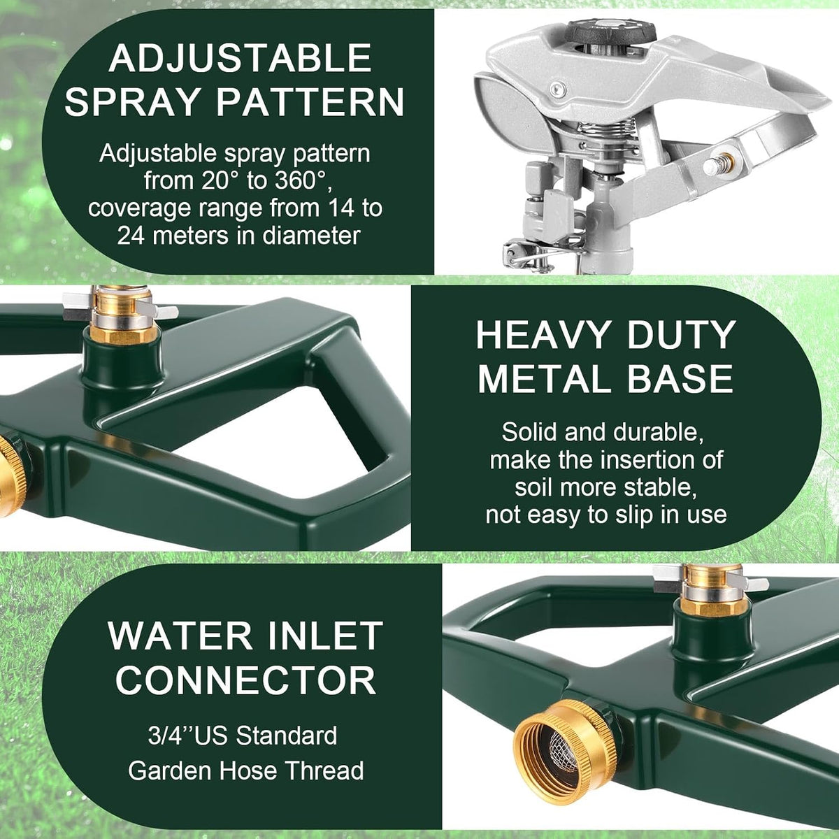 3 Sets Rotating 360 Degree Swivel Garden Sprinkler Pulsating Impact Sprinkler with Metal Base, Heavy Duty Adjustable Garden Hose Sprinklers System for Large Area Lawn Yard(Small Head)