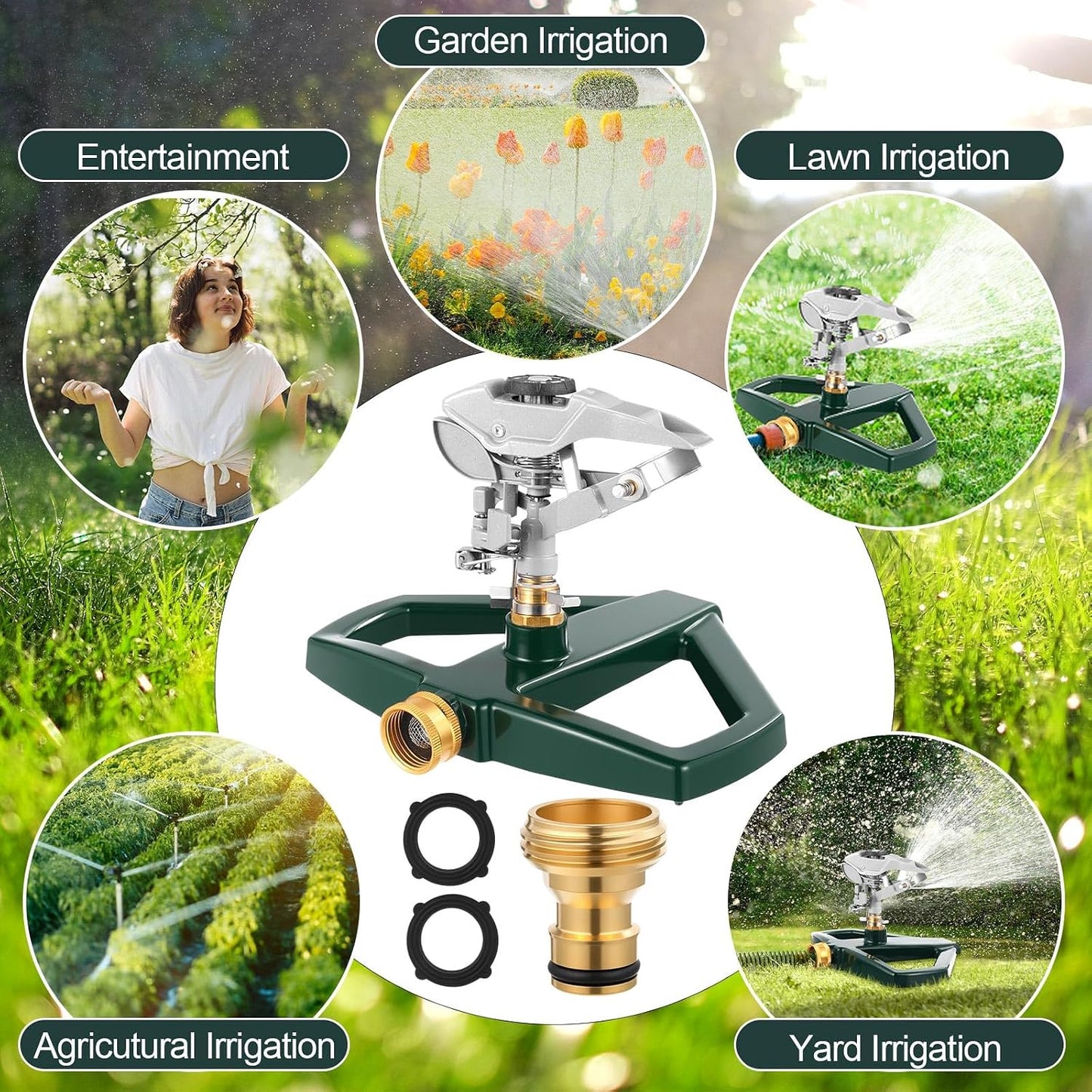 3 Sets Rotating 360 Degree Swivel Garden Sprinkler Pulsating Impact Sprinkler with Metal Base, Heavy Duty Adjustable Garden Hose Sprinklers System for Large Area Lawn Yard(Small Head)
