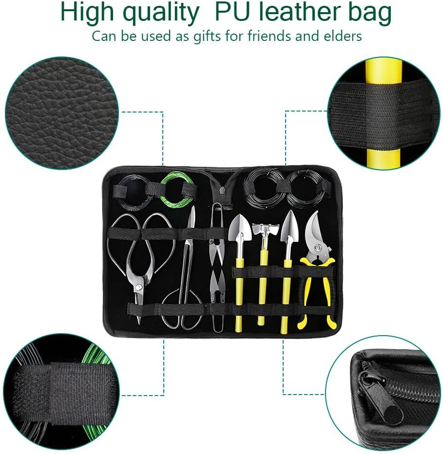 Bonsai Tools Set 13Pcs, Bonsai Essentials with PU Leather Bag, High Carbon Steel Succulent Trimming Kit, for Pruning, Raking, Training Plants, Ideal Gardening Gifts