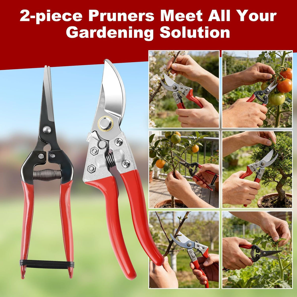 2 Piece Garden Shears Set: Heavy Duty Pruning Shears with Japanese SK5 Steel Blade & Long Straight Garden Snip,Complete Pruning Shears for Gardening, Tree Trimming, Flower & Herb Cutting