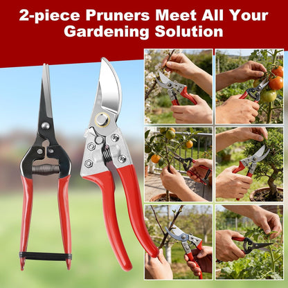2 Piece Garden Shears Set: Heavy Duty Pruning Shears with Japanese SK5 Steel Blade & Long Straight Garden Snip,Complete Pruning Shears for Gardening, Tree Trimming, Flower & Herb Cutting