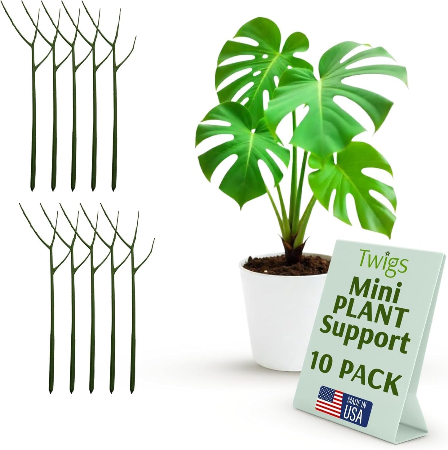 Twigs GA Mini Plant Support Stakes, Peony Light Green, 10-Pack, 12" L
