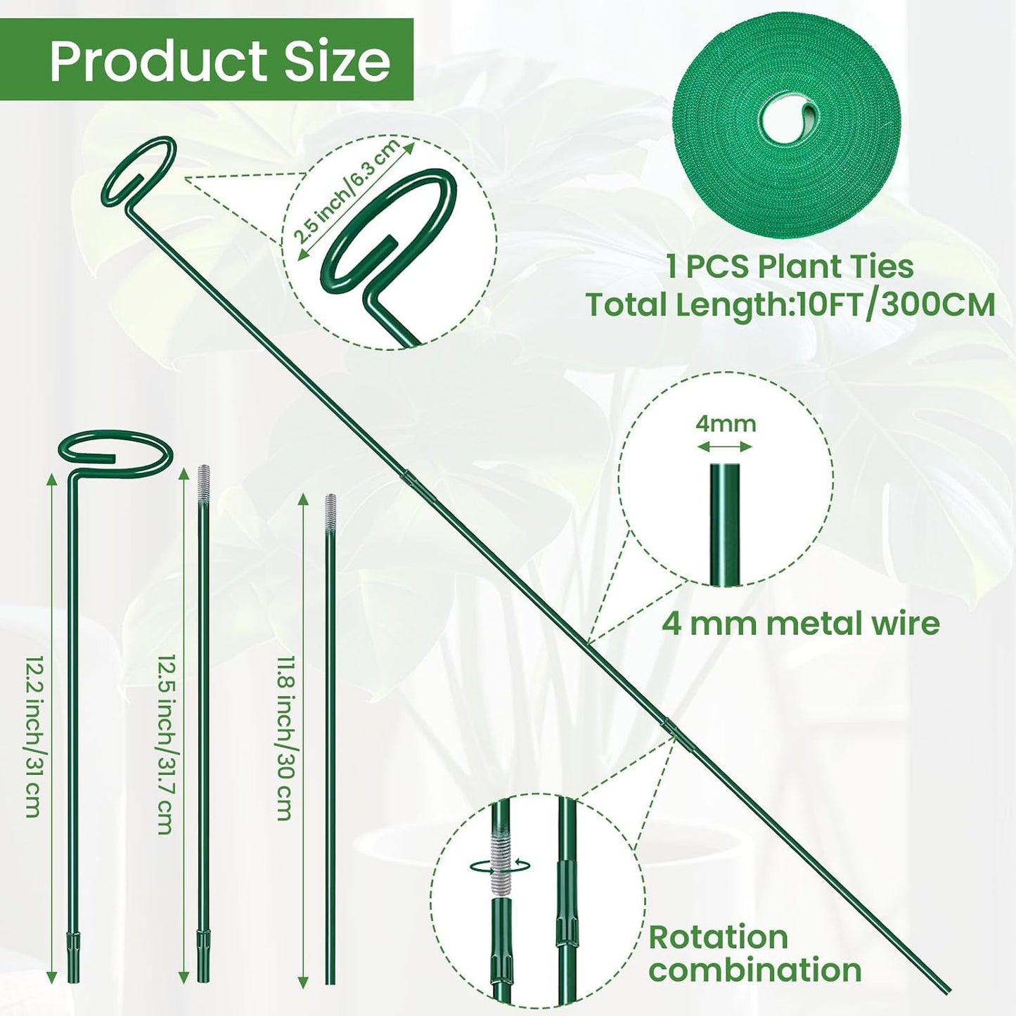 Plant Support Stakes 6 Pack, 12/24/36 Inch Heavy Duty Metal Plant Stakes, Adjustable Garden Plant Support Cages/Rings for Outdoor Indoor Plants, Plant Stick Support for Amaryllis Tomato Peony Orchid