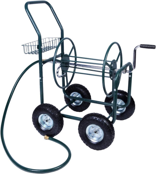 4 Wheel Garden Hose Reel Cart Heavy Duty Yard Water Planting with Storage Basket,Holds 390FT Hose