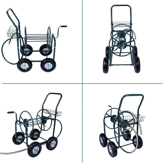 4 Wheel Garden Hose Reel Cart Heavy Duty Yard Water Planting with Storage Basket,Holds 390FT Hose