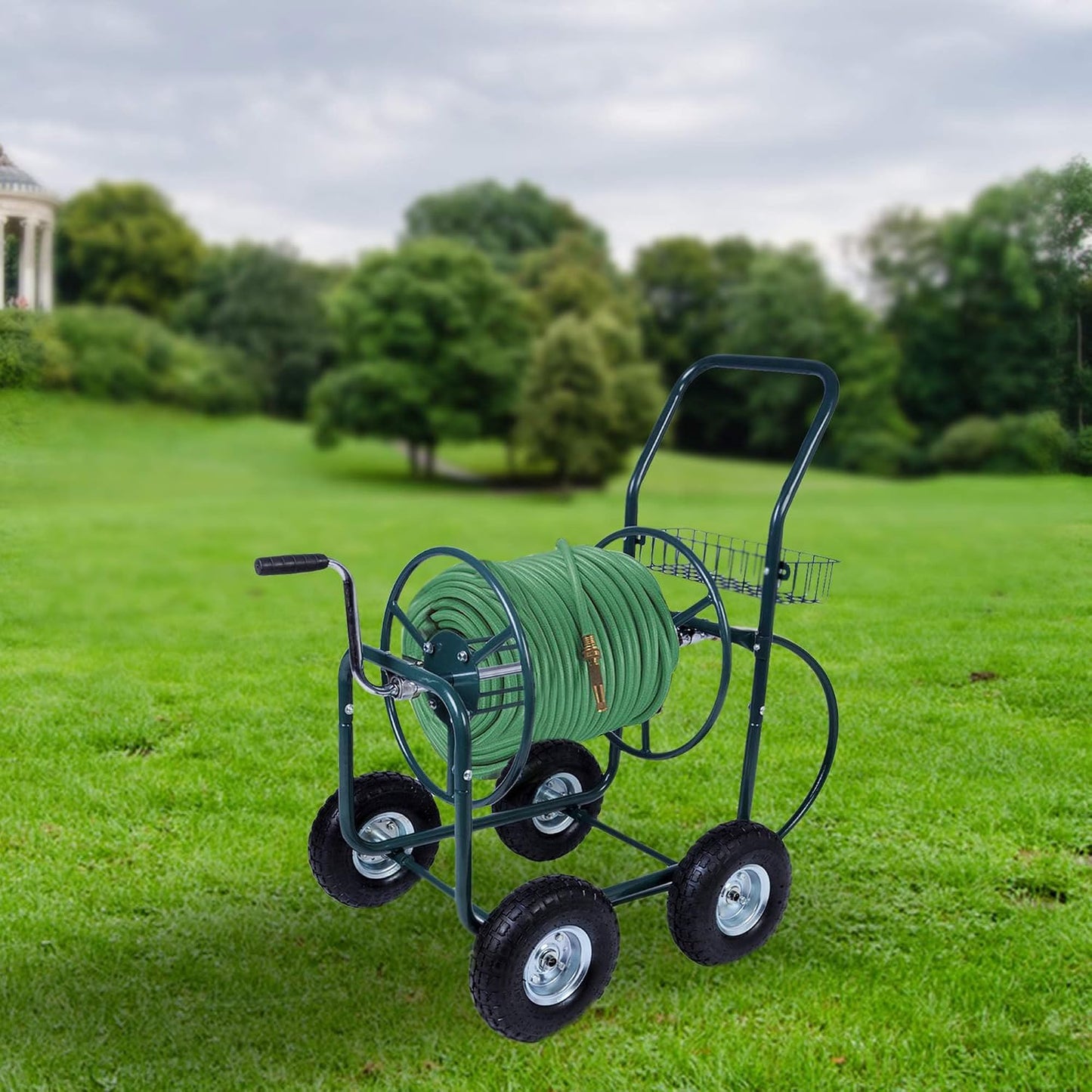 4 Wheel Garden Hose Reel Cart Heavy Duty Yard Water Planting with Storage Basket,Holds 390FT Hose