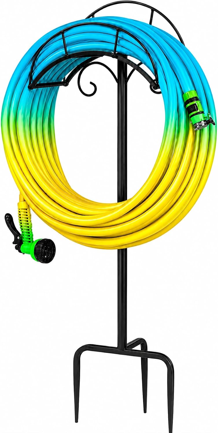 Heavy Duty Metal Garden Hose Holder Wall Mount – Outdoor Hose Hanger, Water Hose Holder, Garden Hose Rack, Beam Hose Rack, Extension Cord Holder Wall Mount (BLACK)