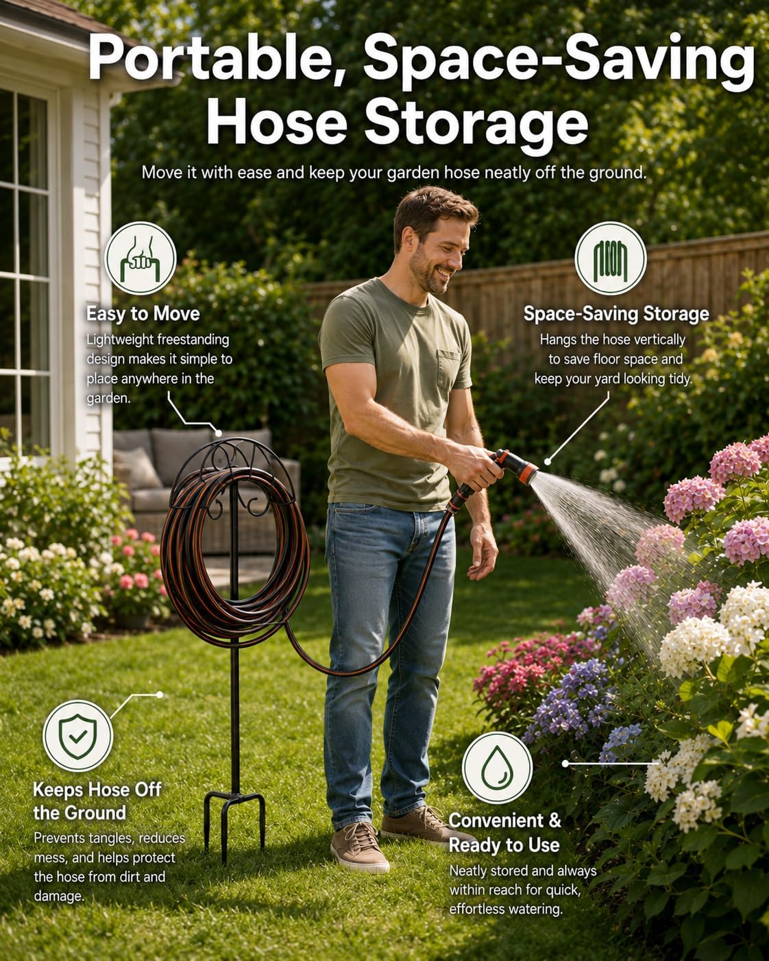 Heavy Duty Metal Garden Hose Holder Wall Mount – Outdoor Hose Hanger, Water Hose Holder, Garden Hose Rack, Beam Hose Rack, Extension Cord Holder Wall Mount (BLACK)