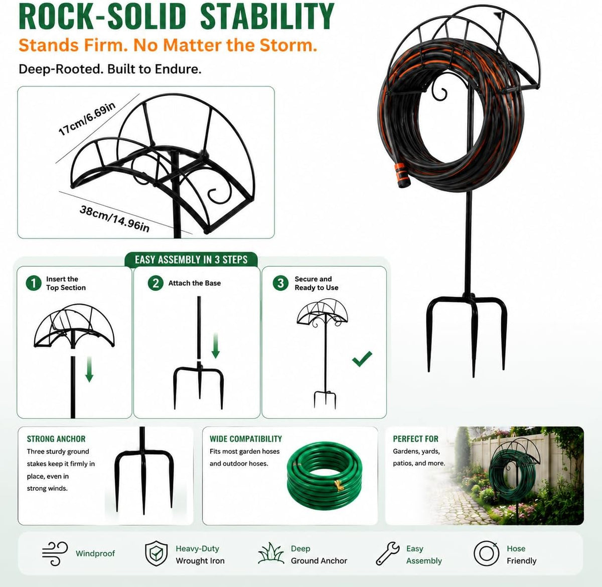 Heavy Duty Metal Garden Hose Holder Wall Mount – Outdoor Hose Hanger, Water Hose Holder, Garden Hose Rack, Beam Hose Rack, Extension Cord Holder Wall Mount (BLACK)