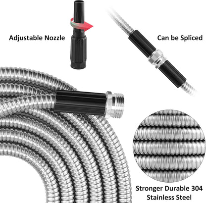 25FT Metal Garden Hose with Sprayer Nozzle - Stainless Steel Hose