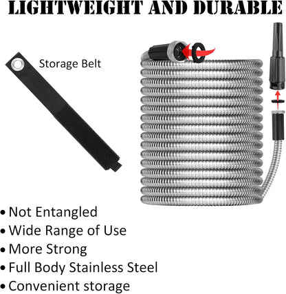 25FT Metal Garden Hose with Sprayer Nozzle - Stainless Steel Hose