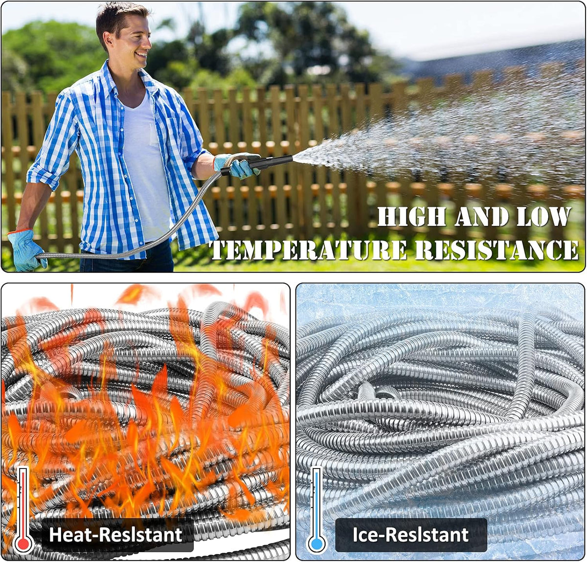 25FT Metal Garden Hose with Sprayer Nozzle - Stainless Steel Hose