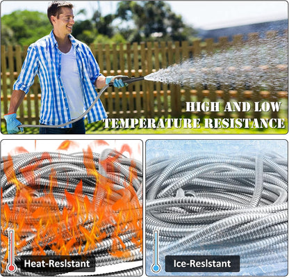 25FT Metal Garden Hose with Sprayer Nozzle - Stainless Steel Hose