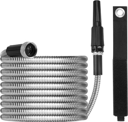 25FT Metal Garden Hose with Sprayer Nozzle - Stainless Steel Hose