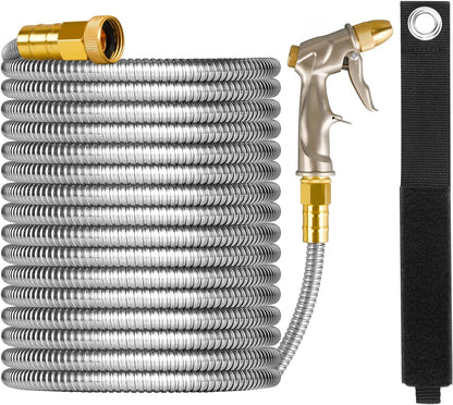 25FT Metal Garden Hose with Sprayer Nozzle - Stainless Steel Hose