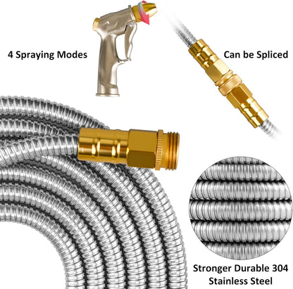 25FT Metal Garden Hose with Sprayer Nozzle - Stainless Steel Hose