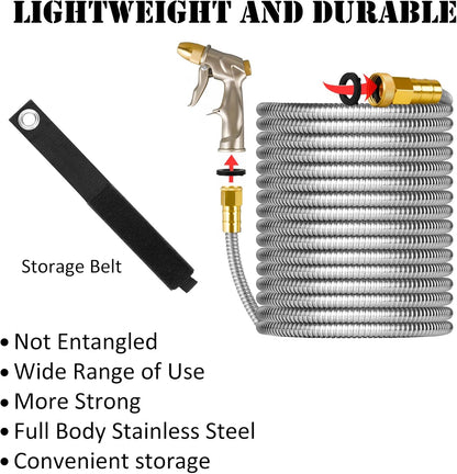 25FT Metal Garden Hose with Sprayer Nozzle - Stainless Steel Hose