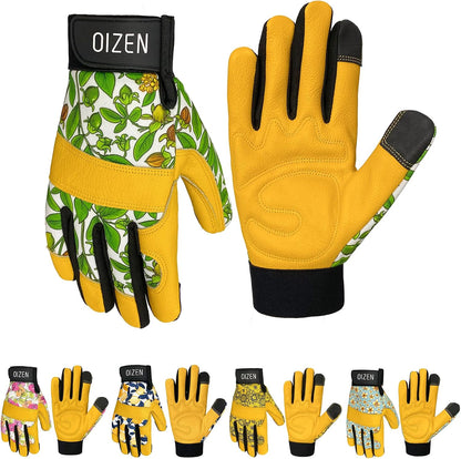 Cowhide Leather Thorn Proof & Puncture Resistant Gardening Gloves for Women and Men, Touchscreen Compatible Working Gloves for Weeding, Digging, Planting, Gardening Gifts for Women, Size Medium