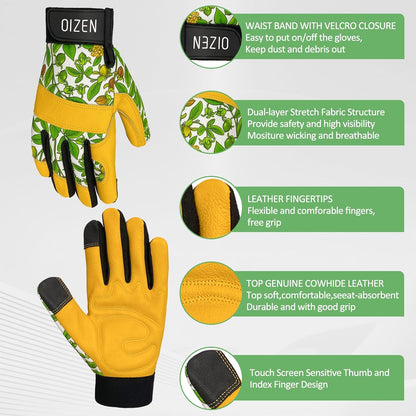 Cowhide Leather Thorn Proof & Puncture Resistant Gardening Gloves for Women and Men, Touchscreen Compatible Working Gloves for Weeding, Digging, Planting, Gardening Gifts for Women, Size Medium