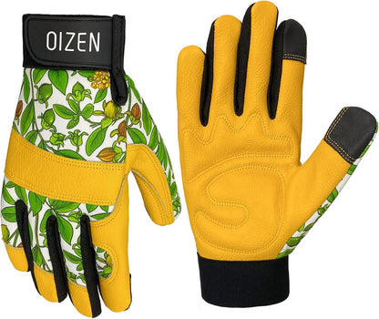 Cowhide Leather Thorn Proof & Puncture Resistant Gardening Gloves for Women and Men, Touchscreen Compatible Working Gloves for Weeding, Digging, Planting, Gardening Gifts for Women, Size Medium