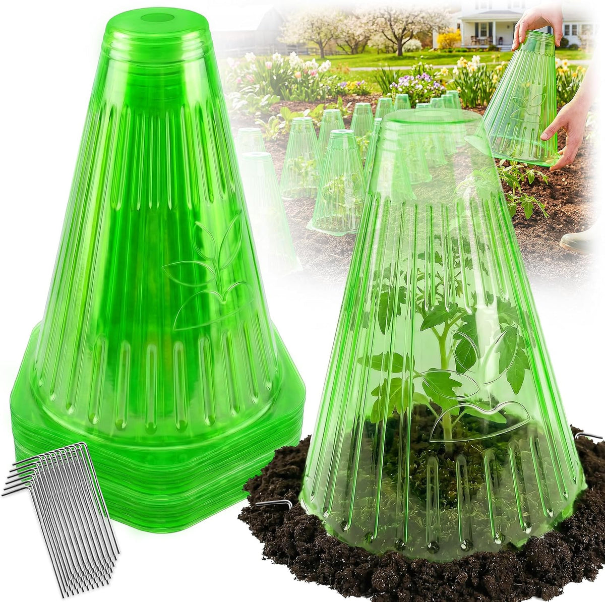 Pack 20 Garden Cloches for Plants, Reusable Bell Plant Cover with Metal Stakes, Plant Protection Cloches for Potted Plants/Seedlings,Protect Plants from Sun,Birds, Frost