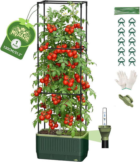 Raised Garden Bed with Tomato Cages，52"/4.3ft Tomato Planter with Trellis,Adjustable Height,Self Watering Planter Box for Vegetables & Climbing Plant Indoor Outdoor Balcony Patio (1)