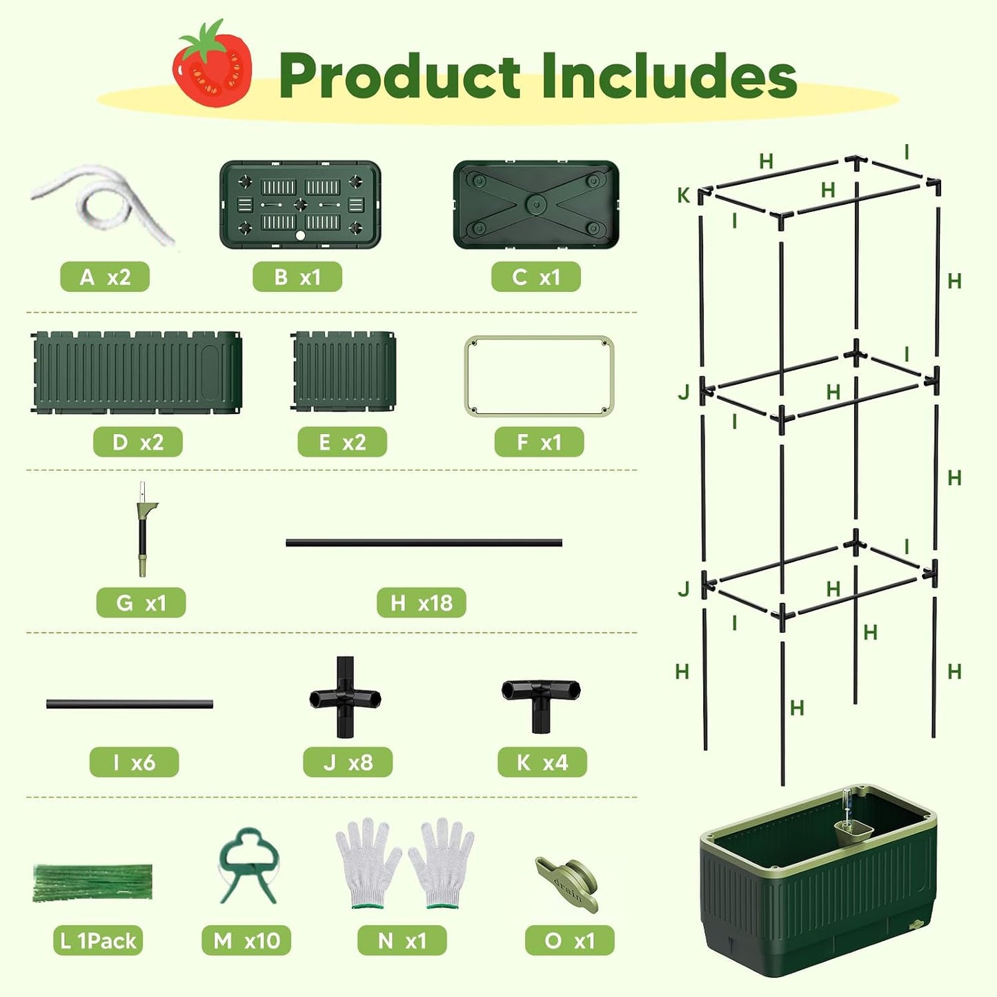 Raised Garden Bed with Tomato Cages，52"/4.3ft Tomato Planter with Trellis,Adjustable Height,Self Watering Planter Box for Vegetables & Climbing Plant Indoor Outdoor Balcony Patio (1)