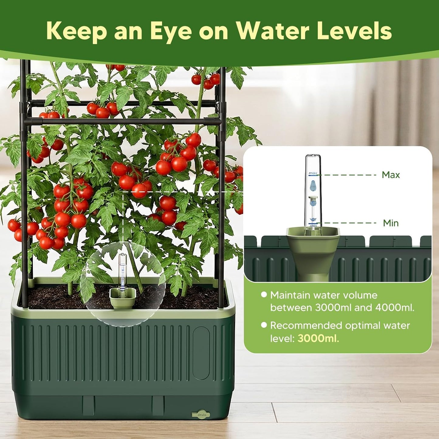 Raised Garden Bed with Tomato Cages，52"/4.3ft Tomato Planter with Trellis,Adjustable Height,Self Watering Planter Box for Vegetables & Climbing Plant Indoor Outdoor Balcony Patio (1)