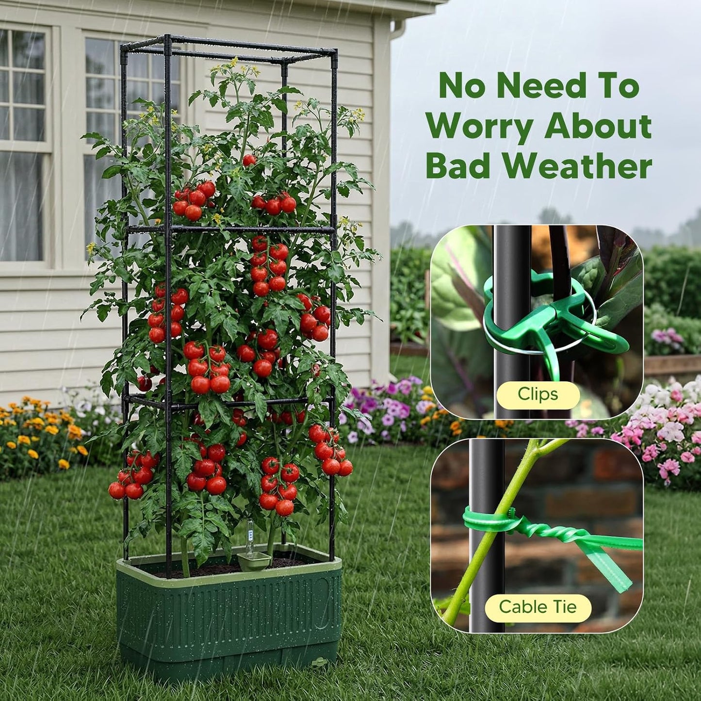 Raised Garden Bed with Tomato Cages，52"/4.3ft Tomato Planter with Trellis,Adjustable Height,Self Watering Planter Box for Vegetables & Climbing Plant Indoor Outdoor Balcony Patio (1)