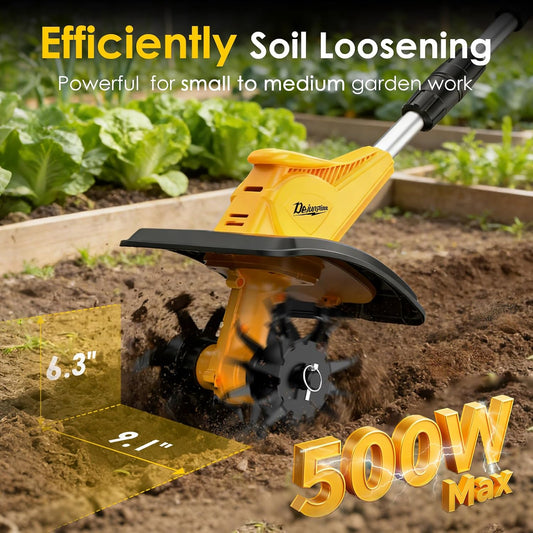Cordless Tiller Cultivator Compatible with DEWALT 20V MAX Battery (Tool Only), 310RPM Electric Garden Rototiller with 40 Steel Tines, 9.1In Tilling Width & 6.3In Depth Tiller, Folding Design