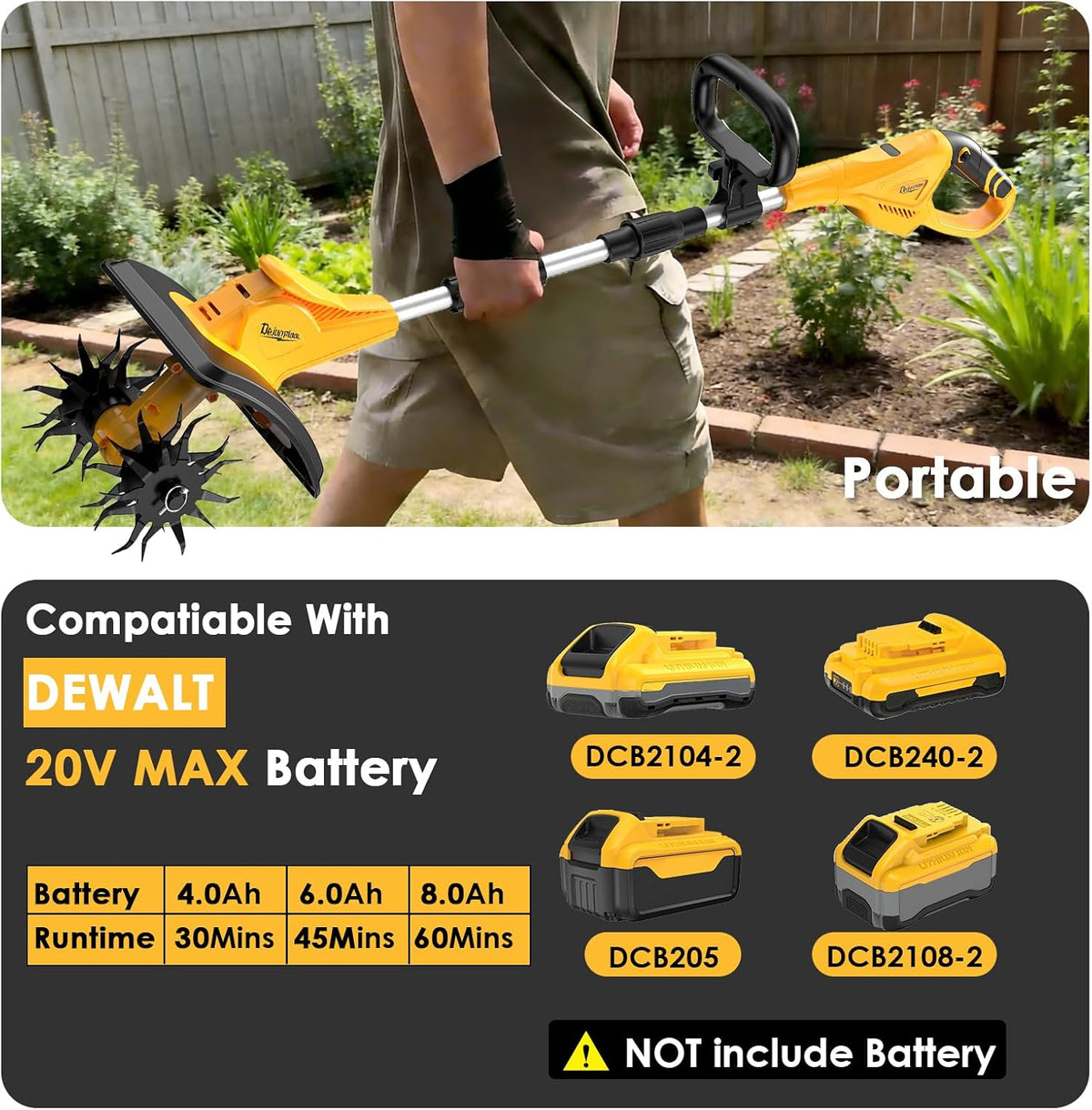 Cordless Tiller Cultivator Compatible with DEWALT 20V MAX Battery (Tool Only), 310RPM Electric Garden Rototiller with 40 Steel Tines, 9.1In Tilling Width & 6.3In Depth Tiller, Folding Design