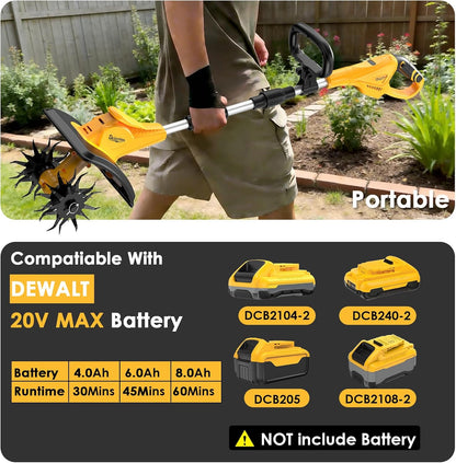 Cordless Tiller Cultivator Compatible with DEWALT 20V MAX Battery (Tool Only), 310RPM Electric Garden Rototiller with 40 Steel Tines, 9.1In Tilling Width & 6.3In Depth Tiller, Folding Design