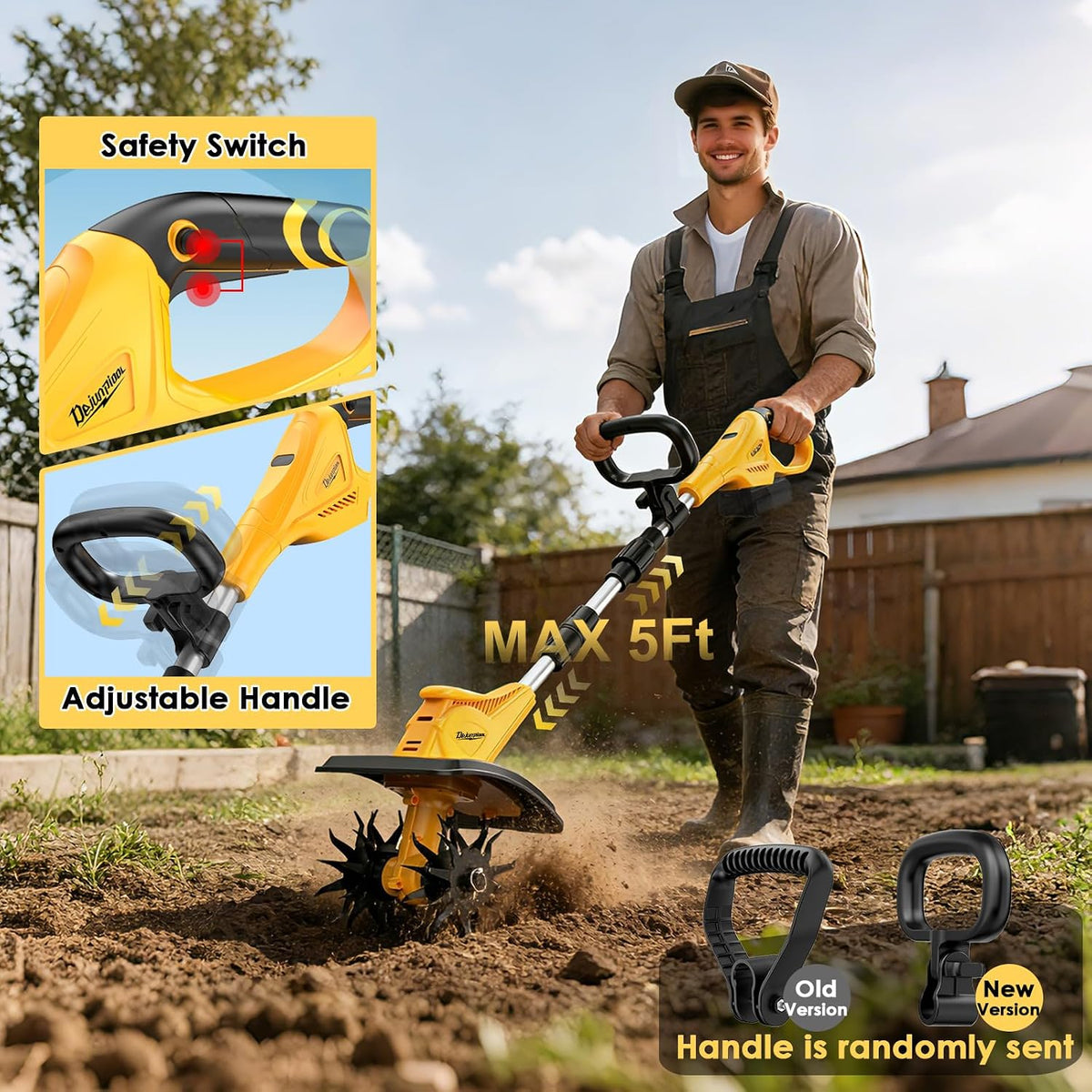 Cordless Tiller Cultivator Compatible with DEWALT 20V MAX Battery (Tool Only), 310RPM Electric Garden Rototiller with 40 Steel Tines, 9.1In Tilling Width & 6.3In Depth Tiller, Folding Design