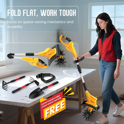 Cordless Tiller Cultivator Compatible with DEWALT 20V MAX Battery (Tool Only), 310RPM Electric Garden Rototiller with 40 Steel Tines, 9.1In Tilling Width & 6.3In Depth Tiller, Folding Design
