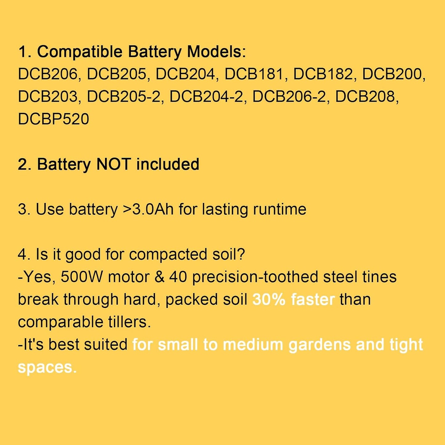 Cordless Tiller Cultivator Compatible with DEWALT 20V MAX Battery (Tool Only), 310RPM Electric Garden Rototiller with 40 Steel Tines, 9.1In Tilling Width & 6.3In Depth Tiller, Folding Design